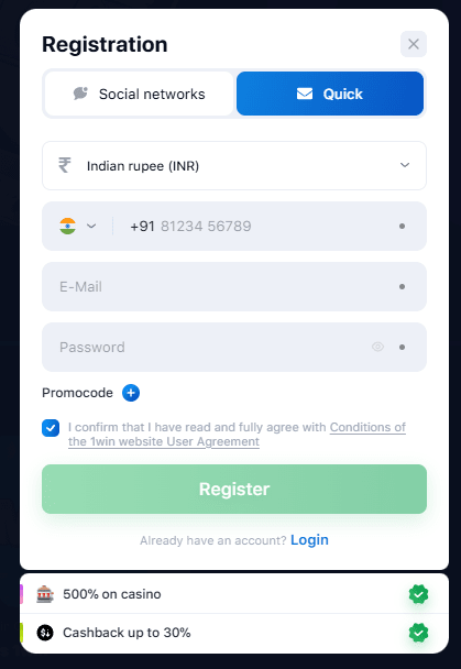 Create a 1win India account